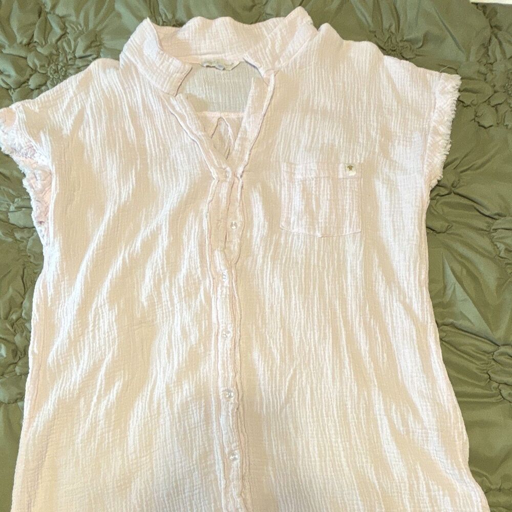 Simply Southern Women’s White Crinkle Button Short Sleeve Dress S/M Frayed Hem